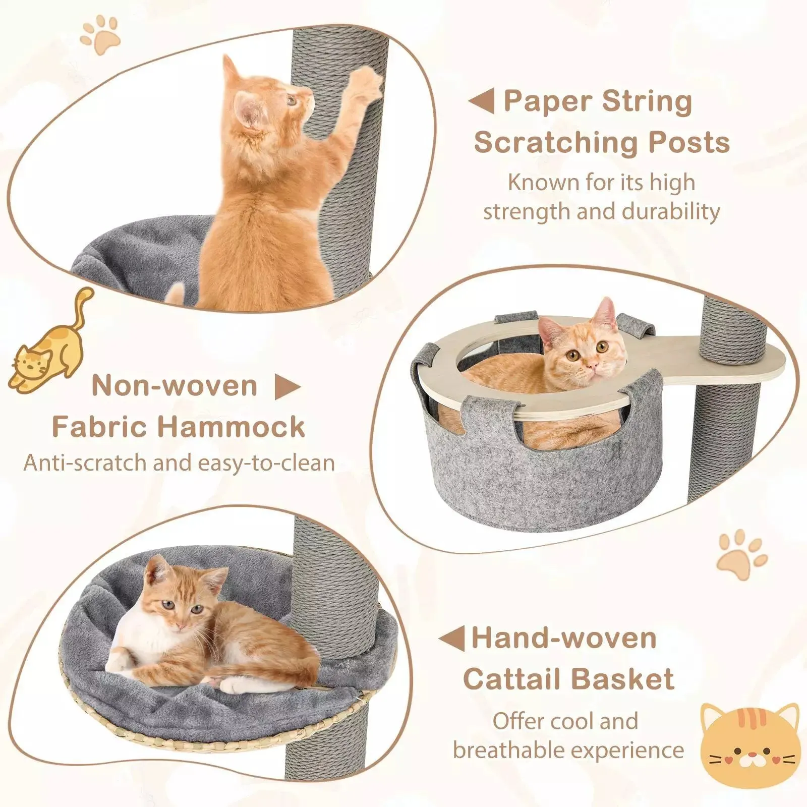 6-tier Floor-to-Ceiling Cat Tree, 255-280cm Adjustable Height w/Scratching Posts
