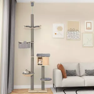 6-tier Floor-to-Ceiling Cat Tree, 255-280cm Adjustable Height w/Scratching Posts
