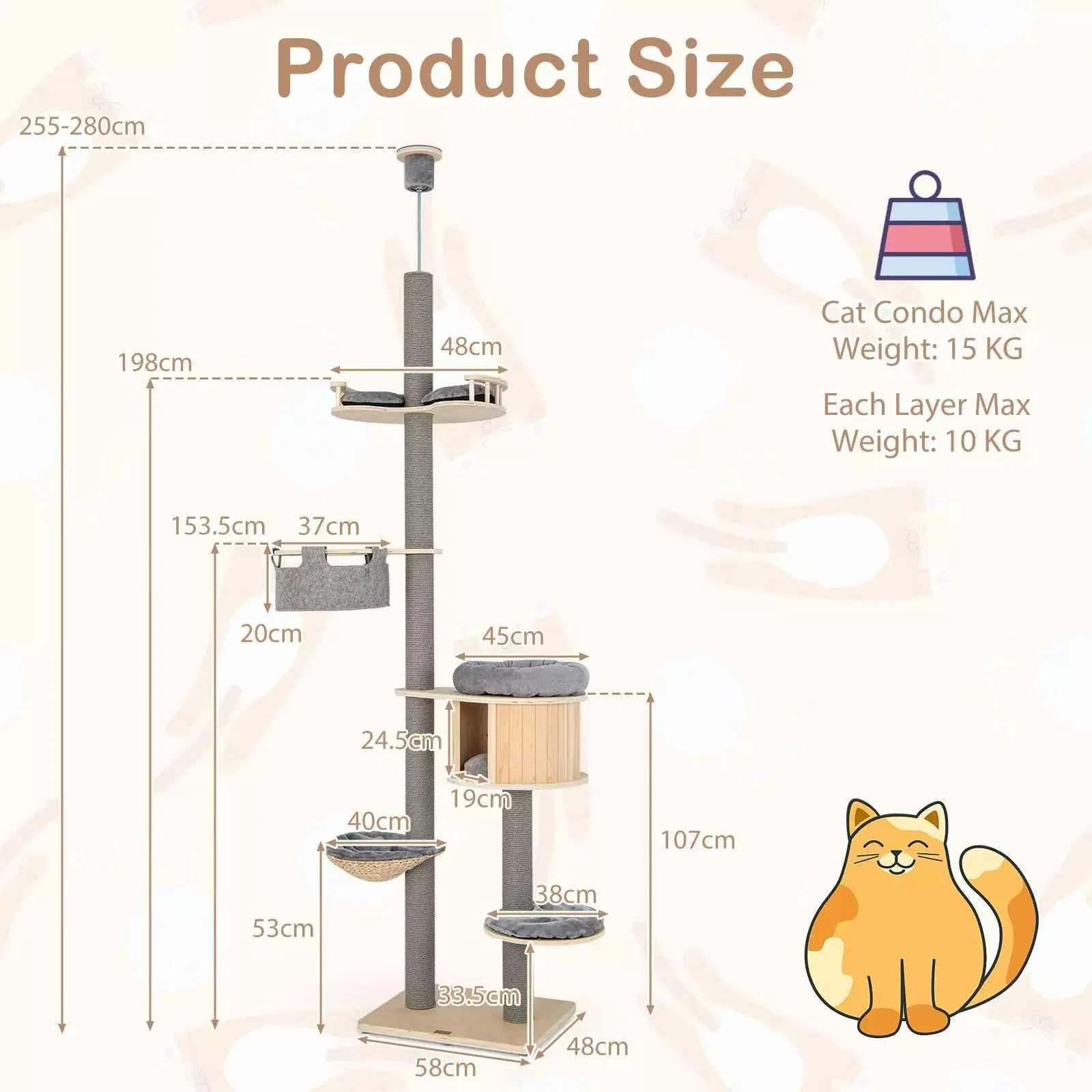 6-tier Floor-to-Ceiling Cat Tree, 255-280cm Adjustable Height w/Scratching Posts