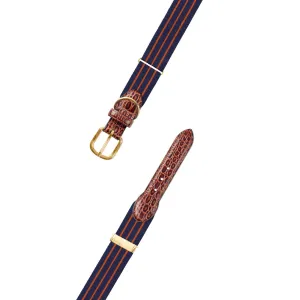 Adjustable Navy & Thin Orange Stripe Grosgrain Dog Collar with Embossed Calf Tabs
