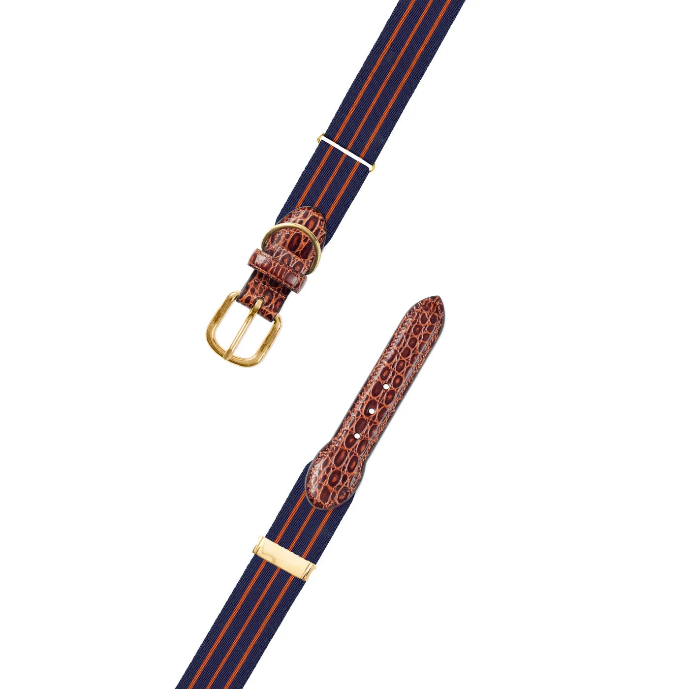 Adjustable Navy & Thin Orange Stripe Grosgrain Dog Collar with Embossed Calf Tabs