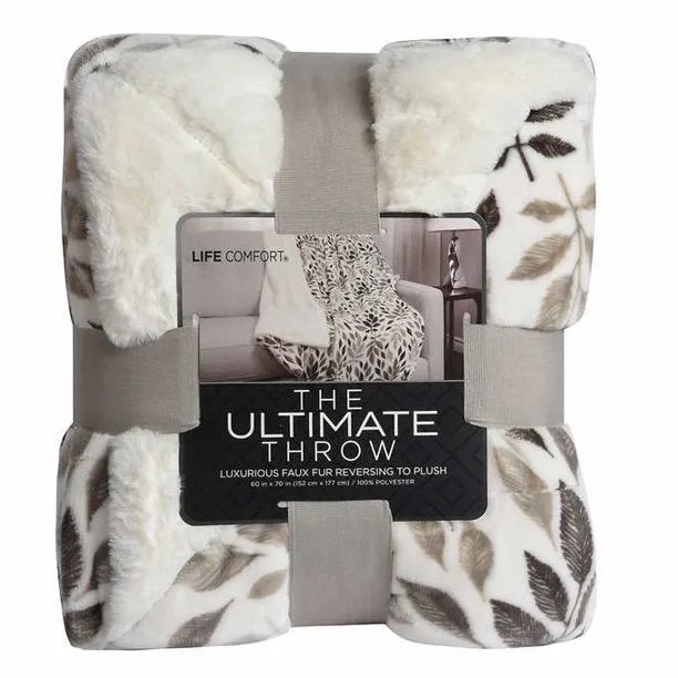 Life Comfort Ultimate Faux Fur Throw -Floral Tan